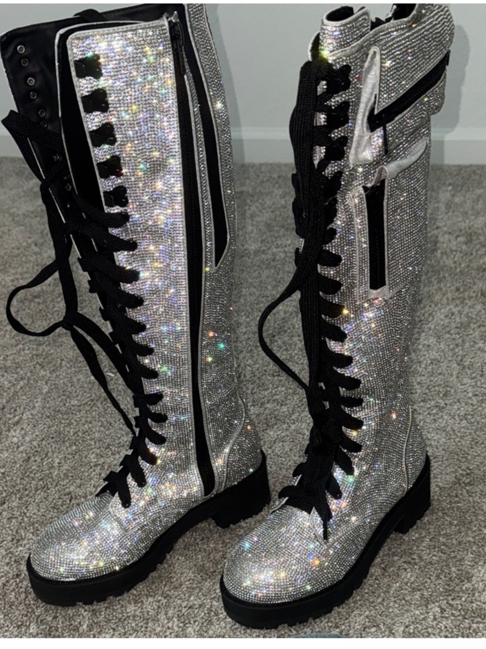 Dolls Kill Silver Rhinestone Lace-Up Knee Boots with Black Trim